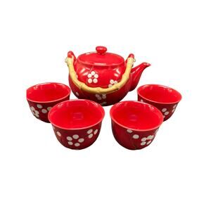 World Market Blossom Tea Set Teapot with Bamboo Handle & 4 Cups